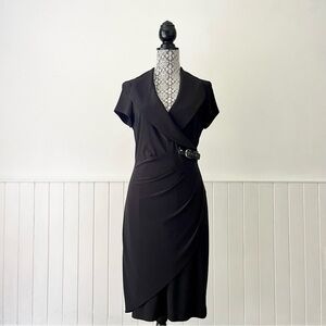 Joseph Ribkoff Shawl Collar Draped Faux Wrap Cap Sleeve Belted Dress Size 10